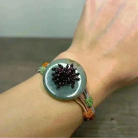 Vintage Beaded Flower Green Jade Stone with Braided Accents Buckle Bracelet - Picture 2 of 5